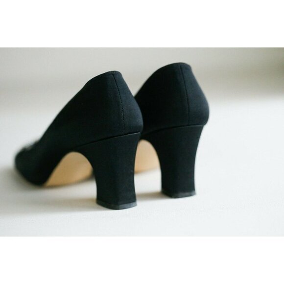 Vintage Hand Made Back Satin Rhinestone Slip on Heels 6.5 - Picture 7 of 8